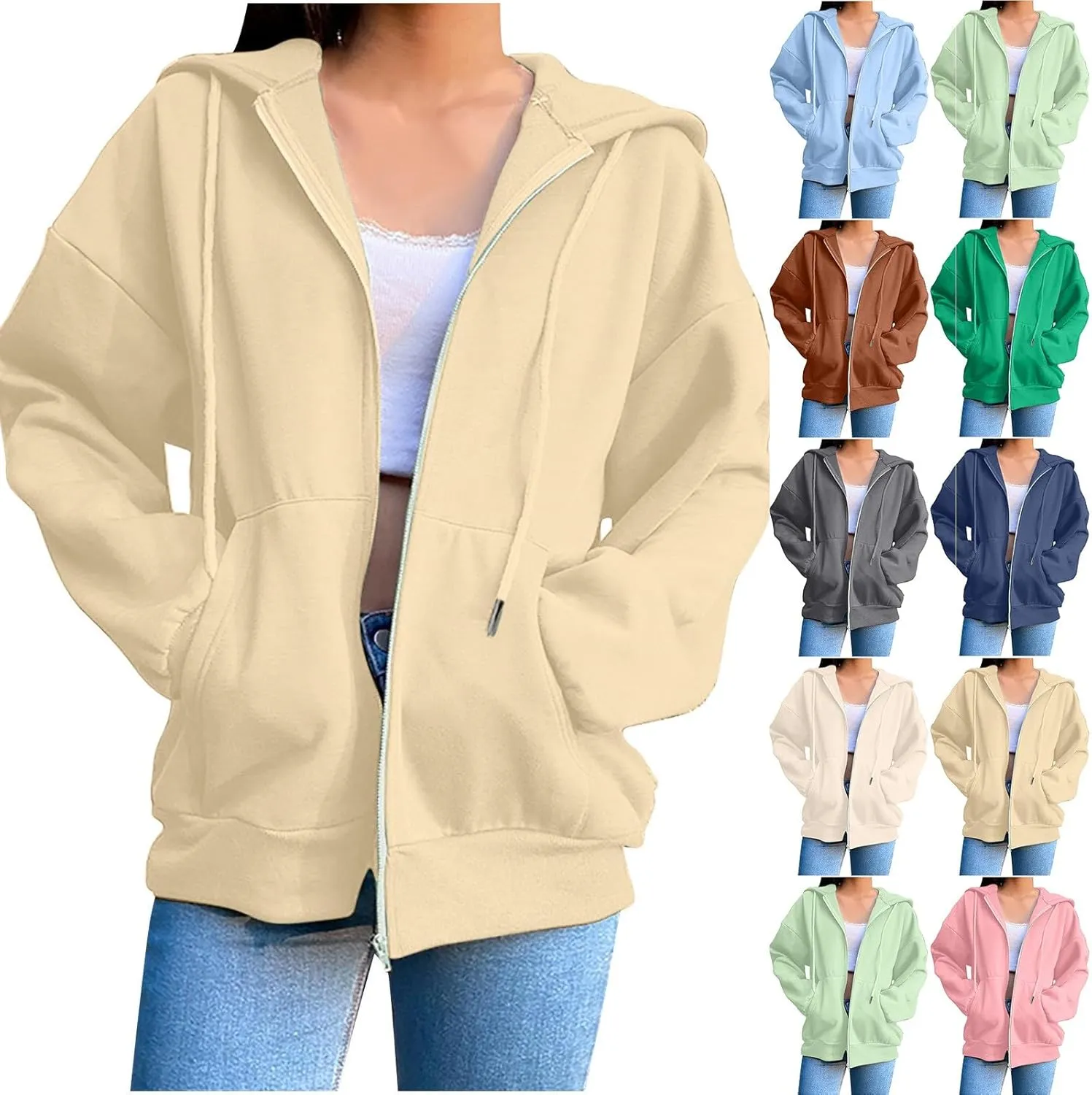Zip Up Hoodie Women Oversized Cute Lightweight Jackets Trendy Hooded Sweatshirt Workout Fall Jacket with Pockets
