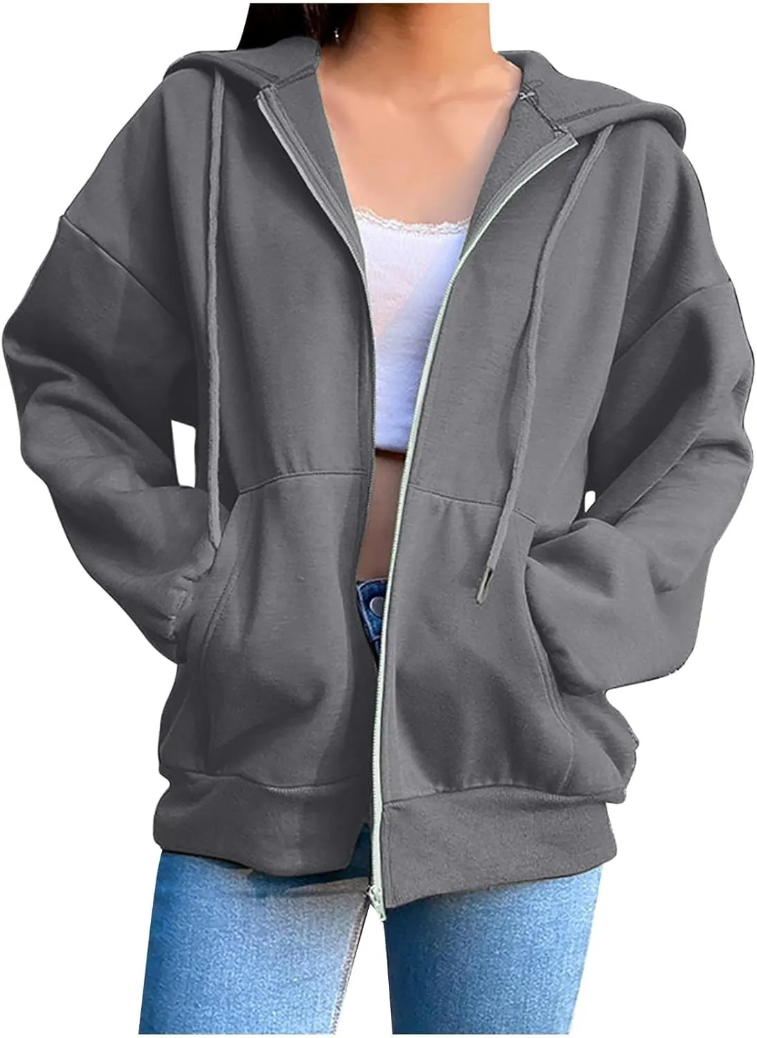 Zip Up Hoodie Women Oversized Cute Lightweight Jackets Trendy Hooded Sweatshirt Workout Fall Jacket with Pockets