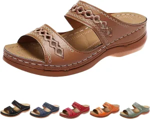 ZWRXW Summer Sandals for Women 2025 Arch Support Orthopedic Sandals Embroidered Vintage Slip On wedge shoess Anti-Slip Breathable Walking Slippers wedge Comfortable Wedge Sandal